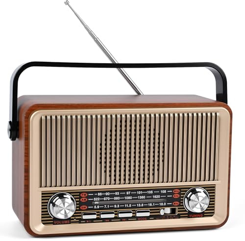 Glovios Radio Portatile FM/AM/SW,Radio Vintage Bluetooth 5.1,Radiolina Portatile con Batteria Ricaricabile da 1200 mAh,Alimentazione CA Disponibile,Supporta TF/USB/AUX,Radio da Cucina Retrò