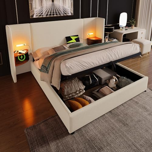 BXEYXE Polsterbett Doppelbett 180×200 mit Nachttisch. Leselampe und USB Type-C Ladefunktion. Bettanlage Stauraumbett Bettgestell mit Lattenrost aus Massivholz und Metall. Beige. Leinen(Ohne Matratze)