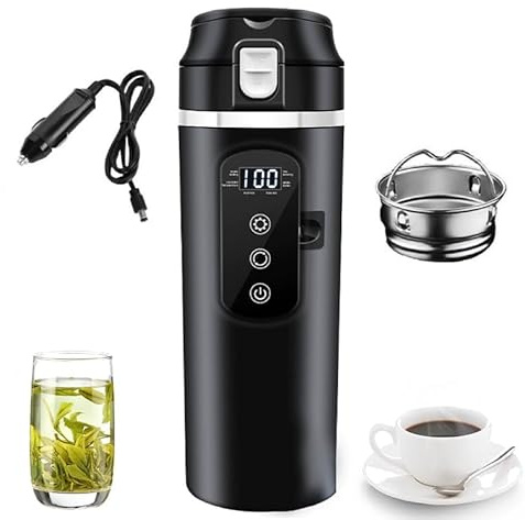 Bouilloire pour voiture 12 V/24 V, 500 ml, mini gobelet chauffant avec écran LCD, réglage de la température variable jusqu'à 100 °C, petite bouilloire de voyage, avec allume-cigare et filtre pour