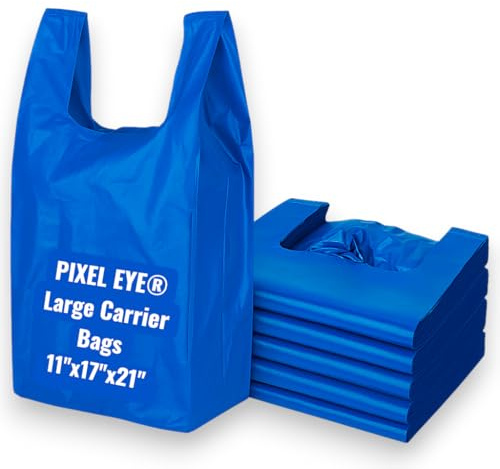 Pixel Eye Plastic Carrier Bags BLUE Large Strong with Handles 100 Large Reusable Bags Heavy Duty Shopping, Retail, Grocery, Takeaway, Eco-Friendly, Recyclable Shopping White Plastic Bags