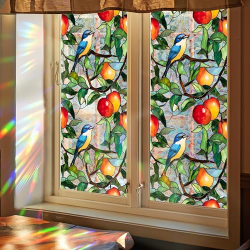 Fensterfolie Rote Apfelblätter Milchglasfolie Kein Kleber Fensterfolie Blickdicht Folie Fenster Sichtschutz Badezimmer Sichtschutzfolie Fenster Wohnzimmer Fensterfolien 43x100 cm(1 pcs)