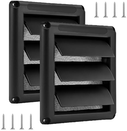 GOEDCH 2 Stück Wetterschutzgitter mit Beweglichen Lamellen: 100 mm Durchmesser Abluftgitter mit Beweglichen, Insektennetz und Schrauben, Außenmaß 150 x 150 mm Lüftungsgitter （Schwarz）