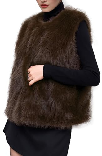 Rousytn Women's Faux Fur Vest Sleeveless Fuzzy Jacket Fluffy Faux Fur Vest for Women Warm Furry Vests Outerwear(Brown Medium)