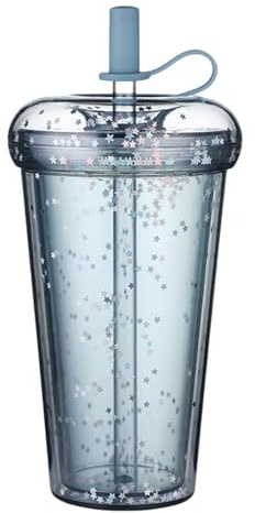 DiiWmme Glitter Pink Cups with Lid and Straw, 420ml/14.2oz Double Wall Insulated Cup, Leakproof Water Bottle for Iced Coffee, Smoothies, Travel, Office and School Use (Blue)
