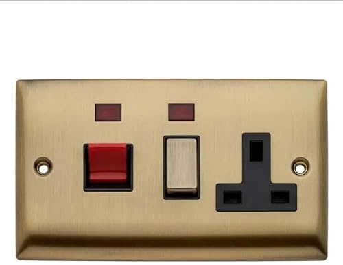 Britelite Double Pole Cooker Control Switch 45A and Socket, Antique Brass | Antique brass finish; slim profile corrosion resistant steel construction for; with fixings included; wall mount mounting.