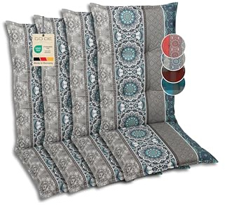 GO-DE Textil Bequeme und attraktive Polsterauflagen für Hochlehner-Gartenstühle (4er-Set, Ornamentstreifen blau, Hochlehner)