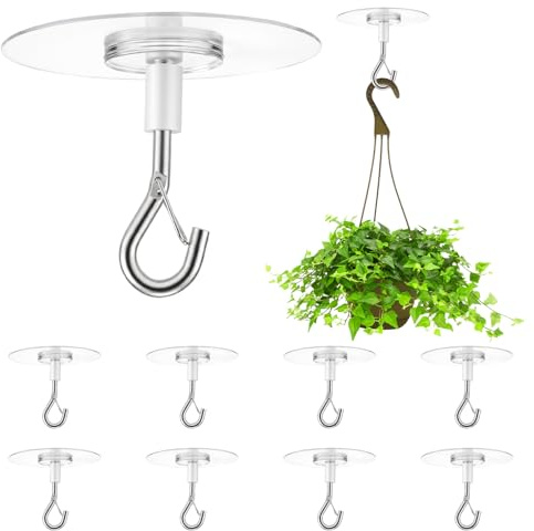Bremorou 8 ganchos adhesivos de techo resistentes, ganchos de techo sin taladrar para colgar plantas, ganchos de ojo de acero inoxidable con cerraduras de seguridad para campanillas de viento