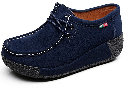 rismart Donna Formale Piattaforma Nascosto Tacco Cuneo Scamosciato Sneaker Scarpe Marina,37 EU