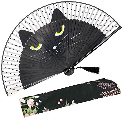 OMyTea Sexy Cat“, faltbarer, tragbarer Fächer für Damen, japanischer/chinesischer Retro-Stil, geeignet für Hochzeiten, Tanzen, Kirche, Partys oder als Geschenk, schwarze katze