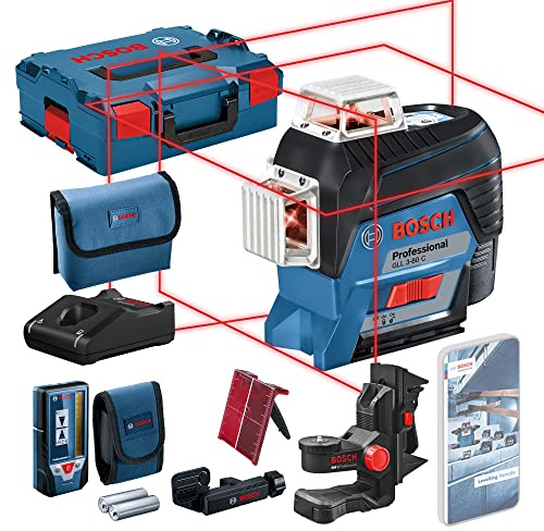Bosch Professional 12V System Linienlaser GLL 3-80 C (1x Akku 12V, Universalhalterung BM 1, Empfänger LR 7, m. App-Funktion, roter Laser, Innenbereich, max. Arbeitsbereich: 30 m, Tasche, in L-BOXX)
