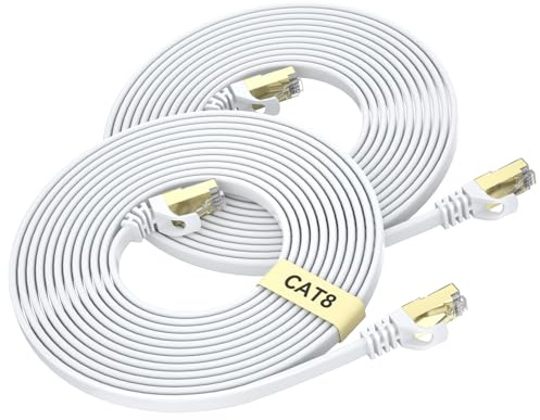 BUSOHE Cat 8 LAN Kabel 2M 2-Stück, 40Gbps Flach Netzwerkkabel Ethernet Weiß | Hochgeschwindigkeits Gigabit RJ45 Patchkabel, Internet Flachband Kompatibel mit Router, Modem, PC, Laptop
