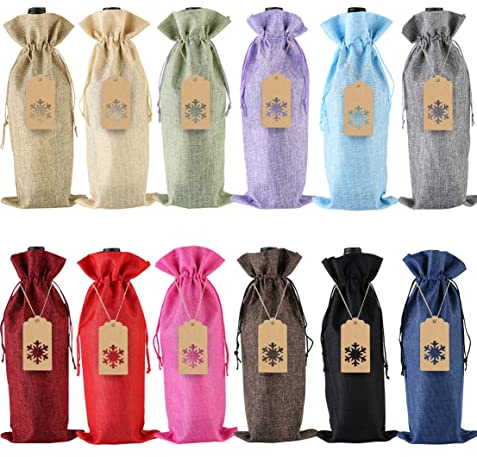 PIXHOTUL Jute-Geschenktüten mit Kordelzug für Weinflaschen, mit Anhänger und Seilen für Weihnachten, Hochzeit, Reisen, Geburtstag, Urlaubsparty (12 Stück, 12 Farben)