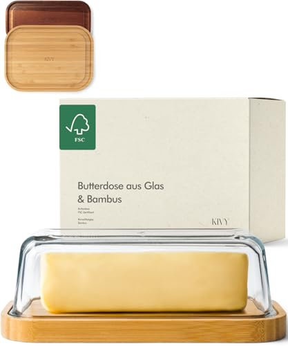 KIVY Burriera – Burriera in vetro di alta qualità con coperchio in bambù elegante e sostenibile – Campana per burro da 250 g – Burriera in vetro con coperchio in bambù