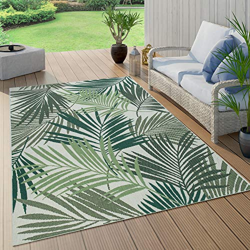 Paco Home inomhus- och utomhusmatta terrass balkong köksmatta blommor och geometriska mönster, storlek: 120 cm rund, färg: grön
