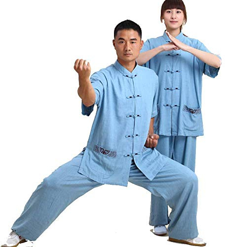 FLY FLU Taichi Uniforme Mujer，ropa Tai Chi Ropa Uniforme Art Wing Chun Shaolin Kung Fu Taekwondo Ropa De Entrenamiento Ropa Mujer Verano Lino Algodón Manga Corta,LightBlue-L