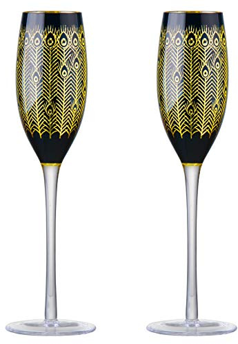 ARTLAND - Midnight Peacock Champagne Flutes - Gold & Black - Set of 2-200ml Capacity Per Glass - Perfect Idea for an Engagement Gift or Wedding Present