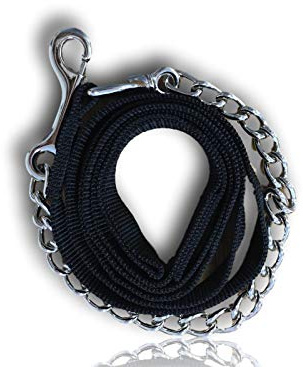 Hundeleine mit Metallkette | für Hundetraining | Nylon Handgriff | bissfest| geeignet für große, mittlere & kleine Hunde | Länge 2,10 m (Schwarz)