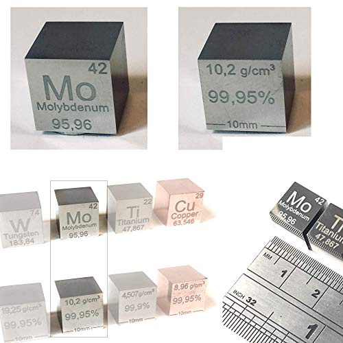 10 mm Würfel aus Molybdän (Mo). Hauptdaten des chemischen Elements auf zwei Seiten lasergraviert. Perfekt zum Sammeln, Trainieren, Experimentieren usw.