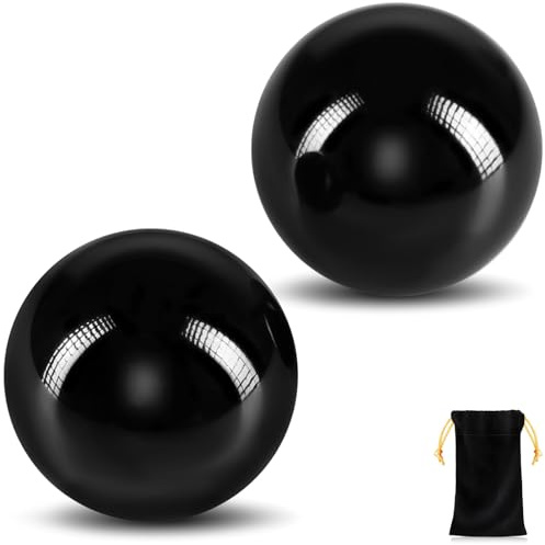 Learay 2 Pcs Black Obsidian Baoding Balls, Traditional Chinese Balls for Hand Therapy, Health Exercise Massage Balls with Carry Pouch for Stress Relief Hand Exercise Meditation (Black/2 inch)