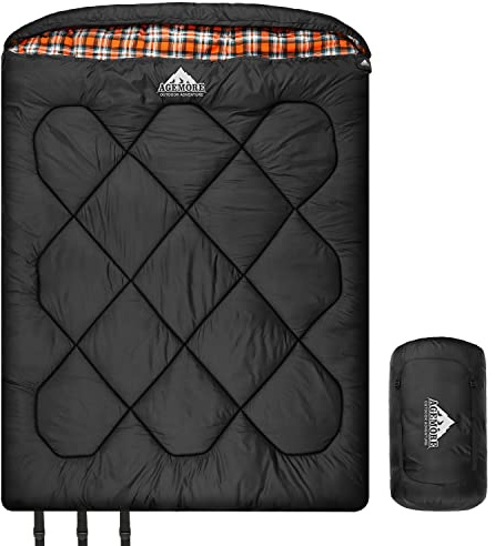 AGEMORE 0 Degree Double Sleeping Bag for Adults, Cotton Flannel Lined 2 Person Queen Size Sleeping Bag for Winter, Double Wide & Warm for Family Couples Camping Or RV Traveling