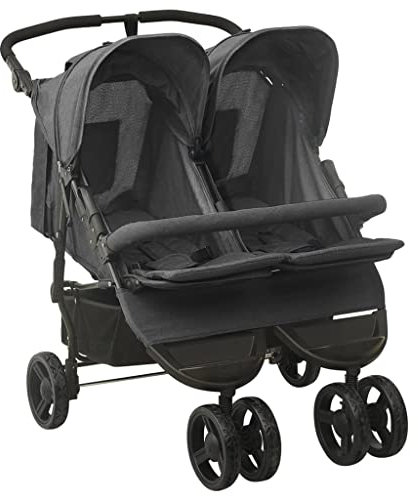 vidaXL Geschwisterwagen mit Frontstoßstange Korb Zusammenklappbar Verstellbar Kinderwagen Zwillingswagen Zwillingsbuggy Buggy Anthrazit Stahl