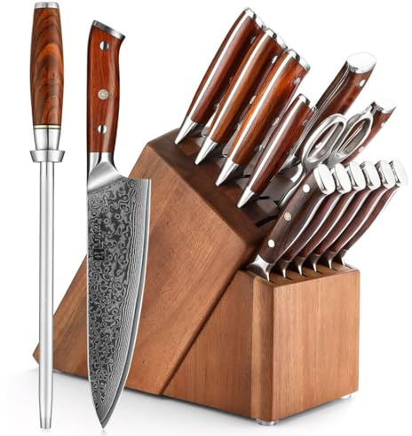 XINZUO Acier Damas 15 Pièces Set Bloc de Couteaux- Fusil à Aiguiser Acier et Ciseaux de Cuisine, Professionnel Forgé Couteau de Chef Santoku Trancher Désosser Universel Paring et 6 Couteaux à Steak