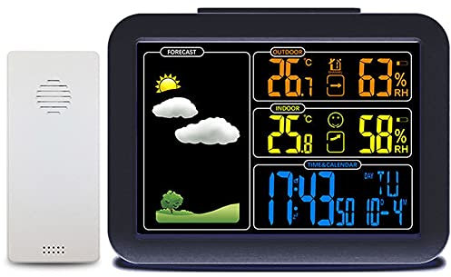 Estación meteorológica con sensores inalámbricos, monitor digital a color, barómetro con temperatura/humedad/barómetro/predicción/despertador para casa, dormitorio, jardín, interior y exterior