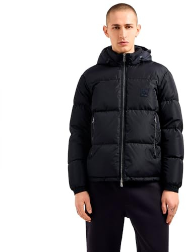 Armani Exchange Ikonprojekt för män, logotyp präglad lapp, glänsande dunväst i nylon, Djup marinblå, L