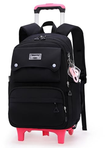 LANSHIYA Solid Color Girls Rolling Backpack with Wheels Schoolbag Elementary School Student Trolley Daypack