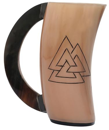 Mythrojan Viking Drinking Horn Mug Tankard Medieval Vintage Style Beer Mug for Wine Mead Vessel Valknut Norseman Drinking Small Horn Ale Tankard Gift Ideas for Men - 250 ML