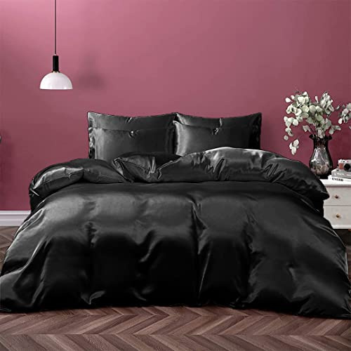 Cloud Fino 100% Pure Silk Satin Sheet Set - 7pc Queen Black with Deep Pocket Fitted Sheet, Flat Sheet, Duvet Cover & Pillowcases