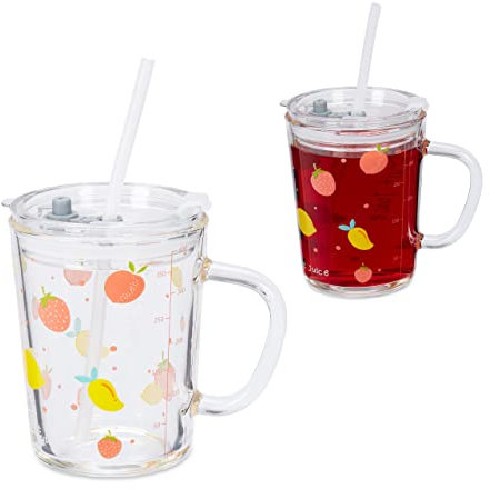 Relaxdays Kindergläser 2er Set, Früchte-Motiv, Trinkglas Kinder, Henkel, Deckel & Strohhalm, 400 ml Skala, transparent