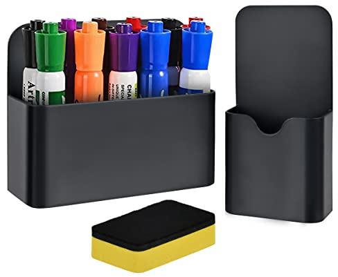 OTYMIOW Porta Pennarelli Magnetico Nero 2PZ Portapenne Magnetico con Cancellino Portapenne Magnetiche per Lavagna Bianca Accessorio per Ufficio, Armadietto, Frigorifero, con Spugna per Lavagna Bianca