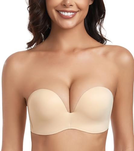 Lemorosy Push up Strapless Bra Women's Anti-Slip Invisible Seamless Wireless Lift Support(Beige,32C)