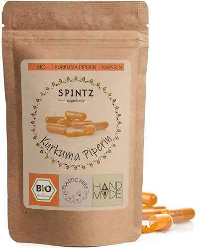 SPINTZ® 210 Stk. Bio Kurkuma Piperin Kapseln | plastikfrei verpackt | 650mg Bio Curcuma mit Piperin je Kapsel | vegane Kurkuma Kapseln mit Pfeffer hochdosiert | Laborgeprüft