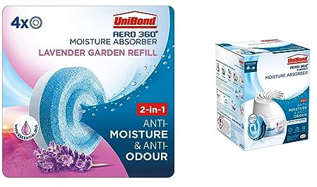 UniBond AERO 360° Moisture Absorber Lavender Garden Refill Tab, aromatherapy, ultra-absorbent and odour-neutralising (4 x 450g),UniBond AERO 360 Compact Moisture Absorber Ultra-Absorbent Dehumidifier