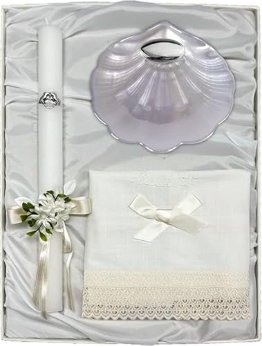 Estuche de Bautizo de Vela con Lazo, Paño de Lino y Concha Bautismal de Cristal Nacar. Con apliques Laminados en Plata de Ley 925‰ y Personalizado. (09669-N)