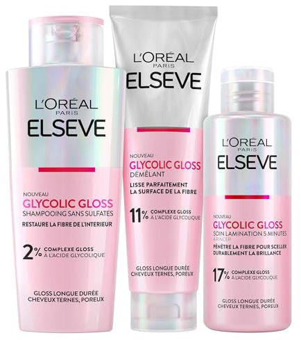 L'Oréal Paris - Routine Capillaire Complète pour Cheveux Ternes - Shampooing + Démêlant + Soin Lamination - Acide Glycolique - Sans Sulfates - Elseve Glycolic Gloss - 3 Produits