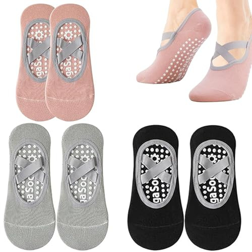 DDUP 3 Pairs Non-Slip Yoga Socks, Women's Pilates & Fitness Socks with Non-Slip Grips & Straps, Ideal for Ballet, Home Workout