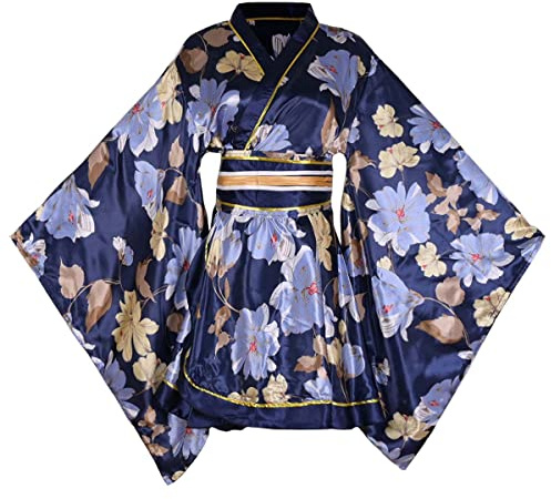 Women's Short Kimono Japanese Geisha Costume Azalea Flower Short Yukata Robe, 28# Navy, One Size