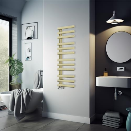 Warmehaus Designer 1200x450mm Bathroom Heated Towel Rail Brushed Brass | Oval Panel, Boutique Style, Modern Wall Mounted Vertical Towel Warmer, Ladder, Premium Mild Steel