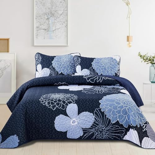 WONGS BEDDING Couvre-lit 240 x 260 - Bleu marine - Fleurs - Housse de couette douce pour l'été - Couette matelassée pour lit double - En microfibre - Avec 2 taies d'oreiller 50x75