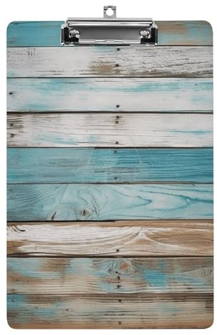 YJWANDL A4-Klemmbrett für 100 Blatt, Vintage-Strand-Holz, altblau, Holzplanken-Druck, Acryl-Klemmbrett, Büro-Klemmbrett, Business-Board, Clip, Lehrertafel, Clip, Stil
