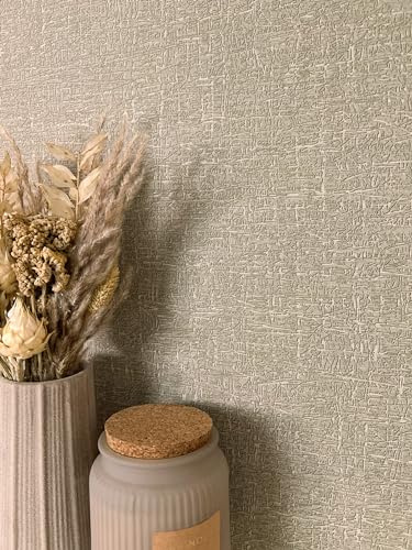Newroom Vliestapete Braun einfarbig Leinenoptik Tapete Wohnzimmer | Feine gekreuzte Kritzelstruktur, changierender Strichlook, matte Prägung, gedämpfter Grünton, Modern Landhaus, Küche