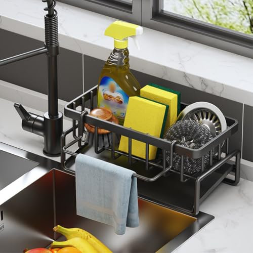 Ainiv Organizador de Cocina Negro con Soporte de Estropajos y Bandeja Autodrenante, Porta Estropajos y Organizador de Fregadero para Cepillos y Productos de Limpieza