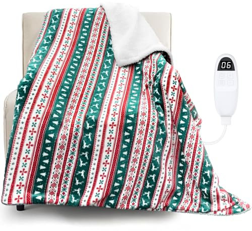 anysun Heizdecke mit Abschaltautomatik, Heizdecke 180x130 cm, Wärme-Wärmedecke, 6 Heizstufen, 10-Stunden-Timer, Beheizbare Decke mit Weihnachts-Rentier-Schneeflockenbaum fürs Bett, Maschinenwaschbar