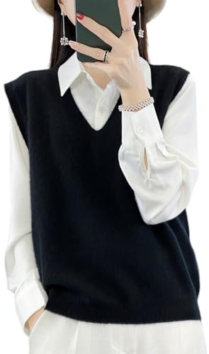 Ailaile Pull en tricot à col en V pour femme, 100 % laine mérinos, léger, sans manches, gilet basique court, noir, Taille M