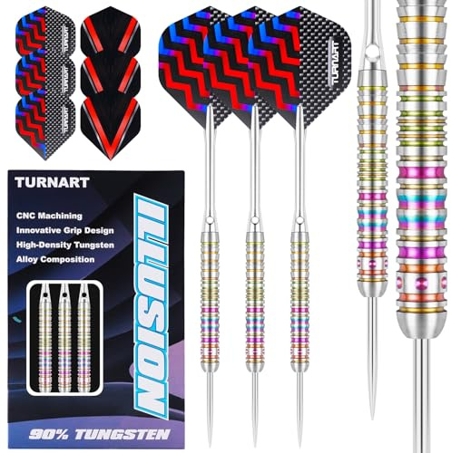 Turnart Dartpfeile Metallspitze 90% Tungsten 3 Stück 22,24,26 Gramm Professionelles Wolfram-Steeltip-Dart-Set Dart professionelle Stahlpfeile mit Metallspitzen mit Flights, Schäften (Farbenfroh, 24G)