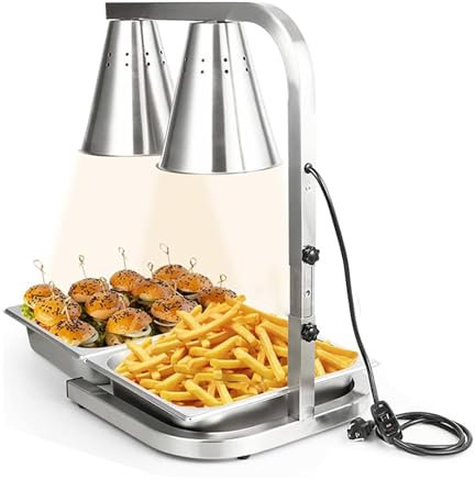 Lampada riscaldante professionale per alimenti a doppia testa (altezza regolabile) + 2 pallet, scaldavivande commerciale da 500 W, luce riscaldante in acciaio inossidabile - Cucina dell'hotel Caffet