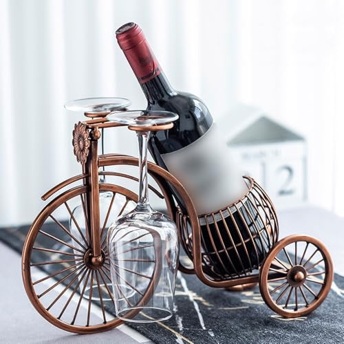 IRUGS Soportes para Copas De Vino En Forma De Bicicleta, Sobremesa Portavasos, Estante Vintage para Copas De Vino, Organizador De Metal, Puede Contener 2 Copas De Vino Y 1 Botella De Vino(Bronze)